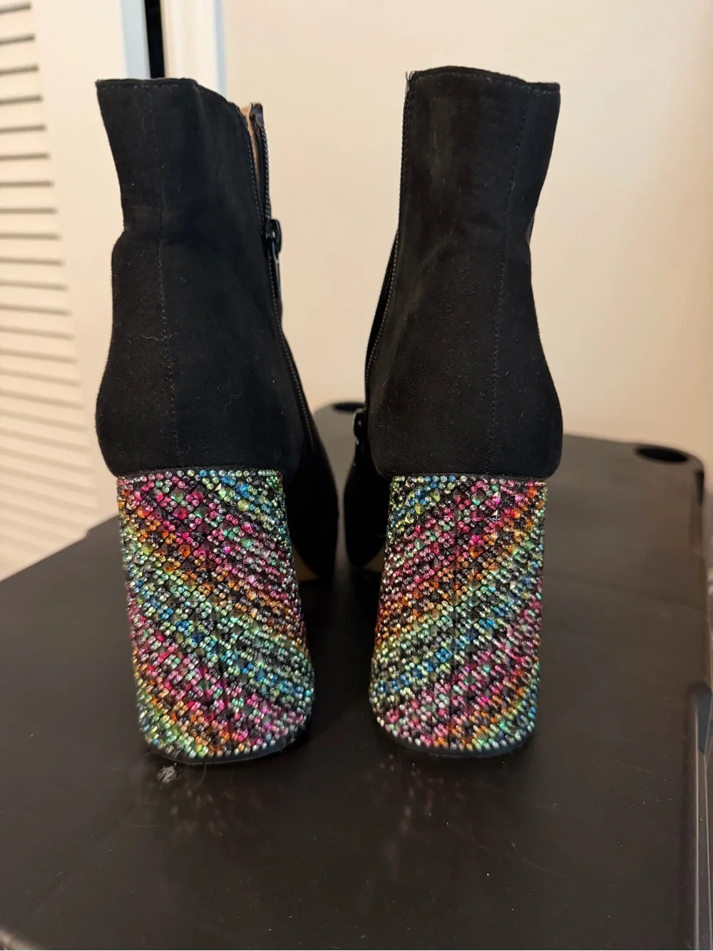 Betsey Johnson Black Suede Ankle Booties with Multicolor Embellished Block Heel